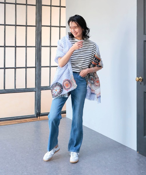 tシャツ 接触冷感フレンチスリーブボーダーカットソー レディース セール】接触冷感フレンチスリーブボーダーカットソー（Tシャツ