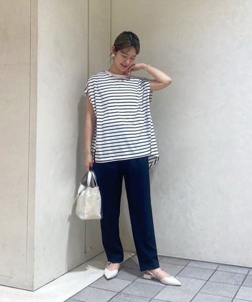 tシャツ 接触冷感フレンチスリーブボーダーカットソー レディース セール】接触冷感フレンチスリーブボーダーカットソー（Tシャツ