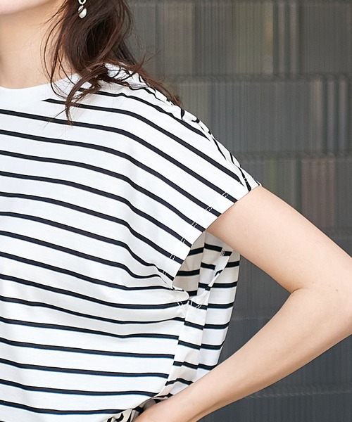 tシャツ 接触冷感フレンチスリーブボーダーカットソー レディース セール】接触冷感フレンチスリーブボーダーカットソー（Tシャツ