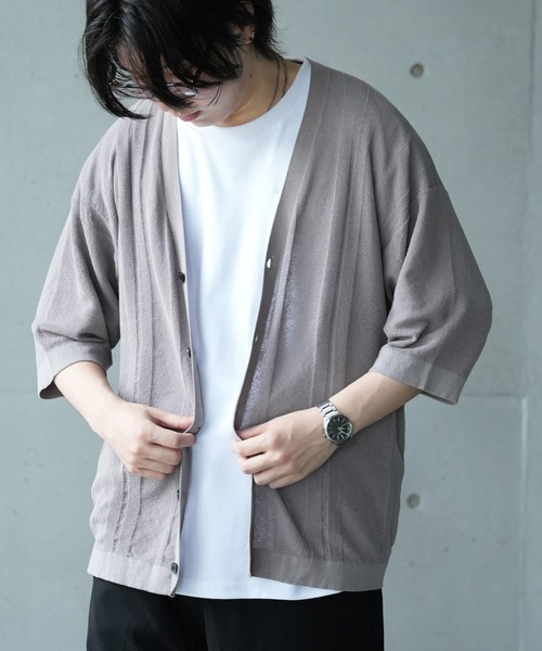 UNION STATION(ユニオンステーション)の「*WEB限定 シアーストライプルーズフィット5分袖カーディガン(カーディガン/ボレロ・メンズ・グレー系その他/ブラック/ブルー・M/L)」の2枚目の写真