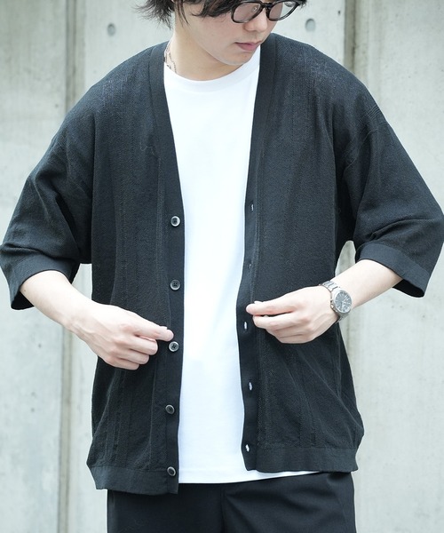 UNION STATION(ユニオンステーション)の「*WEB限定 シアーストライプルーズフィット5分袖カーディガン(カーディガン/ボレロ・メンズ・グレー系その他/ブラック/ブルー・M/L)」の4枚目の写真