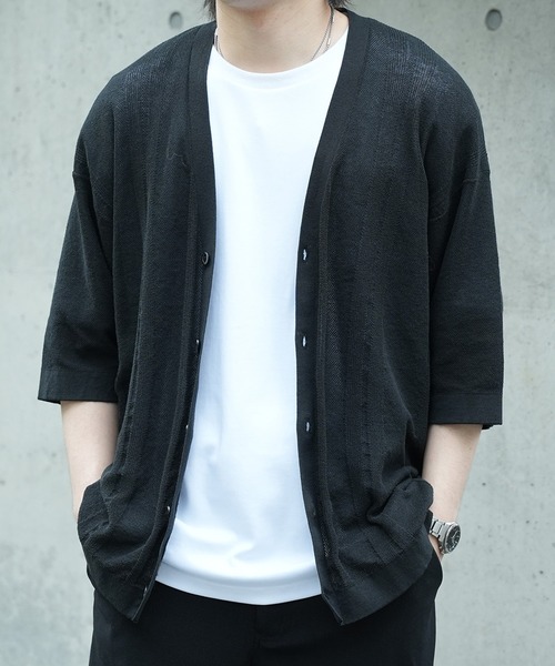 UNION STATION(ユニオンステーション)の「*WEB限定 シアーストライプルーズフィット5分袖カーディガン(カーディガン/ボレロ・メンズ・グレー系その他/ブラック/ブルー・M/L)」の5枚目の写真