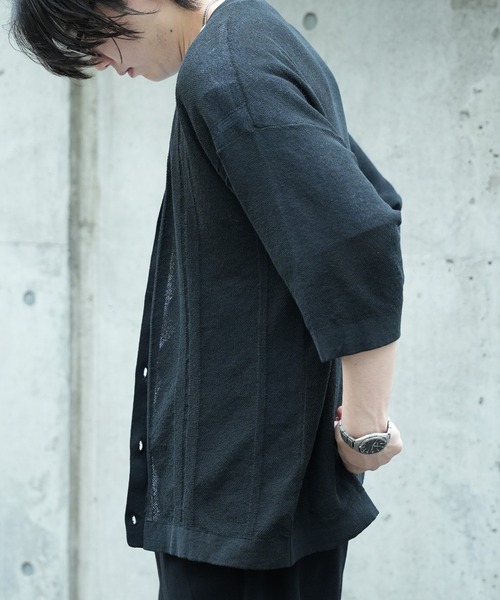 UNION STATION(ユニオンステーション)の「*WEB限定 シアーストライプルーズフィット5分袖カーディガン(カーディガン/ボレロ・メンズ・グレー系その他/ブラック/ブルー・M/L)」の7枚目の写真