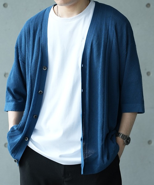 UNION STATION(ユニオンステーション)の「*WEB限定 シアーストライプルーズフィット5分袖カーディガン(カーディガン/ボレロ・メンズ・グレー系その他/ブラック/ブルー・M/L)」の9枚目の写真