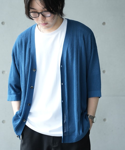 UNION STATION(ユニオンステーション)の「*WEB限定 シアーストライプルーズフィット5分袖カーディガン(カーディガン/ボレロ・メンズ・グレー系その他/ブラック/ブルー・M/L)」の10枚目の写真