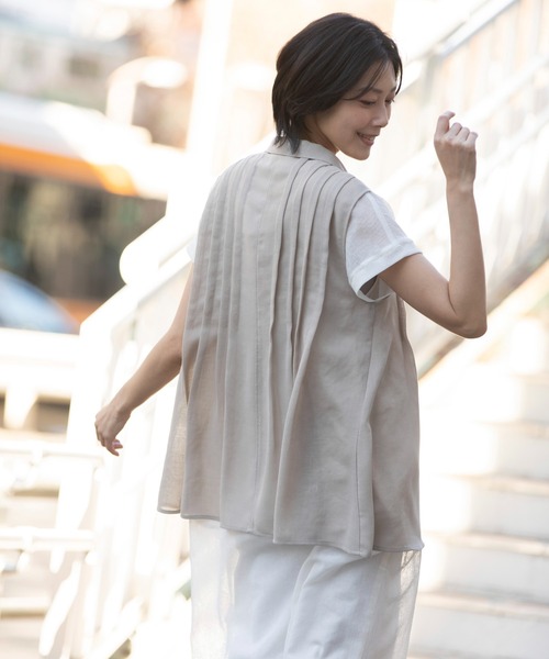 Munich（ミューニック）の「【速乾性】【通気性】【防シワ】麻調メッシュタックブラウス（シャツ/ブラウス・レディース・ホワイト/ブラック/ベージュ・FREE）」の7枚目の写真