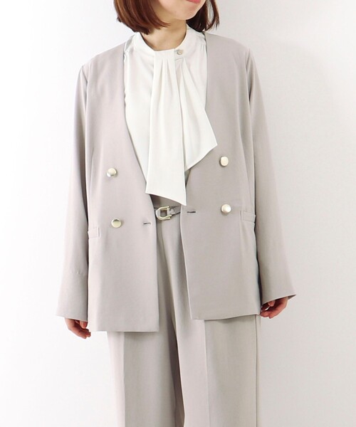 MICO COULIER（ミコクリエ）の「《セットアップ対応》ハイストレッチカルゼワッシャーノーカラージャケット（ノーカラージャケット・レディース・ネイビー/チャコールグレー/グレイッシュベージュ・38）」の3枚目の写真