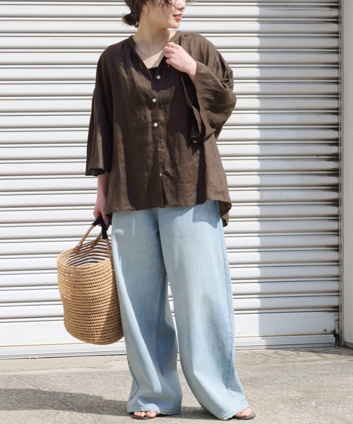 JOURNAL STANDARD relume（ジャーナルスタンダード　レリューム）の「No.66フレンチリネンギャザーブラウス（シャツ/ブラウス・レディース・ブラウン/ネイビー・FREE）」の9枚目の写真