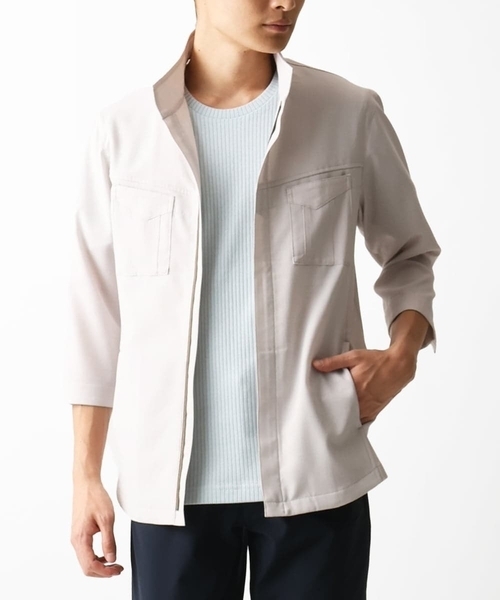 MK MICHEL KLEIN HOMME （エムケーミッシェルクランオム）の「【洗える】 リネンタッチミリタリー七分袖シャツ（シャツ/ブラウス・メンズ・カーキ/ライトグレー・46/48/51）」の2枚目の写真