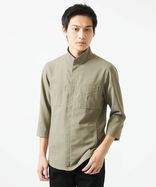 MK MICHEL KLEIN HOMME （エムケーミッシェルクランオム）の「【洗える】 リネンタッチミリタリー七分袖シャツ（シャツ/ブラウス・メンズ・カーキ/ライトグレー・46/48/51）」の8枚目の写真