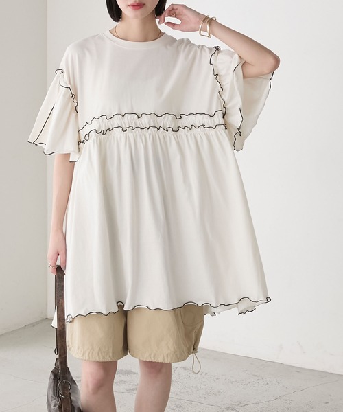 forksy.（フォルクシー）の「【forksy.】フレアスリーブ ハイウエスト切替 フリルメローオーバーサイズTシャツ（Tシャツ/カットソー・レディース・ブラック/ネイビー/オフホワイト・FREE）」の9枚目の写真