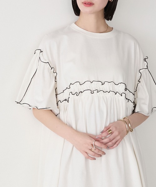 forksy.（フォルクシー）の「【forksy.】フレアスリーブ ハイウエスト切替 フリルメローオーバーサイズTシャツ（Tシャツ/カットソー・レディース・ブラック/ネイビー/オフホワイト・FREE）」の8枚目の写真