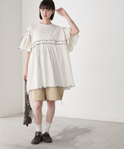 forksy.（フォルクシー）の「【forksy.】フレアスリーブ ハイウエスト切替 フリルメローオーバーサイズTシャツ（Tシャツ/カットソー・レディース・ブラック/ネイビー/オフホワイト・FREE）」の15枚目の写真