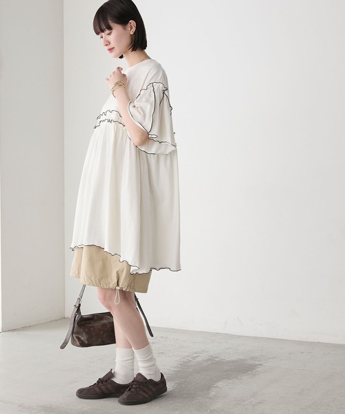 forksy.】フレアスリーブ ハイウエスト切替 フリルメローオーバー