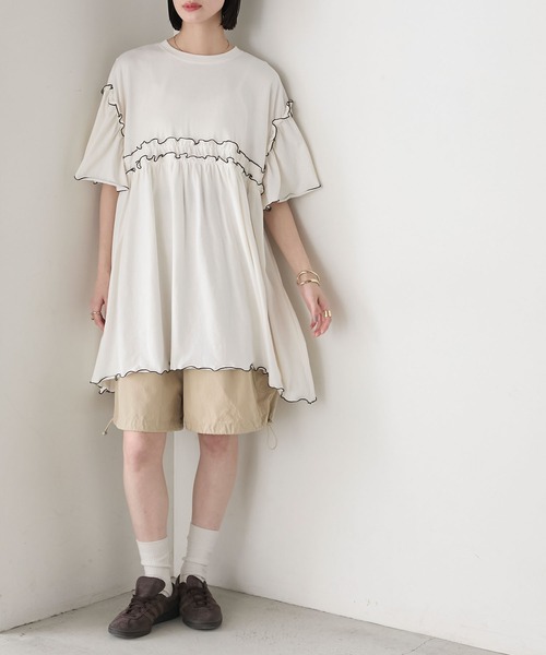 forksy.】フレアスリーブ ハイウエスト切替 フリルメローオーバー