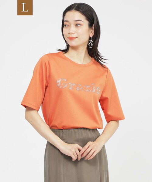 EVEX by KRIZIA(エヴェックスバイクリツィア)の「【L】【カタログ掲載品】【接触冷感】【ウォッシャブル】超冷感コットンスムースホットフィットロゴTシャツ(Tシャツ/カットソー・レディース・オフホワイト/チャコールグレー/オレンジ・44/46)」の1枚目の写真