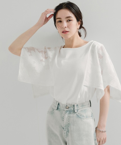 le cercle ADAM ET ROPE'（ルセルクルアダムエロペ）の「袖レースプルオーバー（Tシャツ/カットソー・レディース・ブラック/ホワイト・FREE）」の7枚目の写真