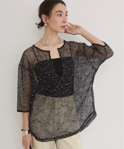 ANGIE(アンジー)の「メッシュ スキッパー プルオーバー / シアートップス / 夏服(Tシャツ/カットソー・レディース・ブラック/ナチュラル/ブラウン・FREE)」の2枚目の写真