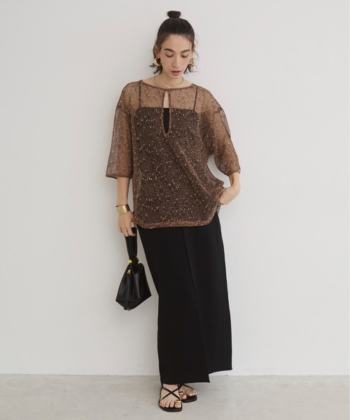 ANGIE(アンジー)の「メッシュ スキッパー プルオーバー / シアートップス / 夏服(Tシャツ/カットソー・レディース・ブラック/ナチュラル/ブラウン・FREE)」の6枚目の写真