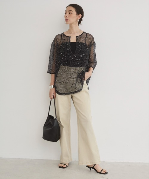 ANGIE(アンジー)の「メッシュ スキッパー プルオーバー / シアートップス / 夏服(Tシャツ/カットソー・レディース・ブラック/ナチュラル/ブラウン・FREE)」の4枚目の写真