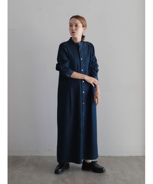 FIL DE FER（フィルデフェール）の「ライトOZデニム　スタンド切替ワンピース（シャツワンピース・レディース・ネイビー・FREE）」の5枚目の写真