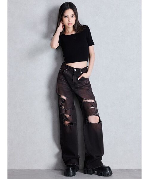 GYDA（ジェイダ）の「SymmetryGYDA ハーフスリーブニットトップス（ニット/セーター・レディース・パープル/オフホワイト/ブラック・FREE）」の13枚目の写真