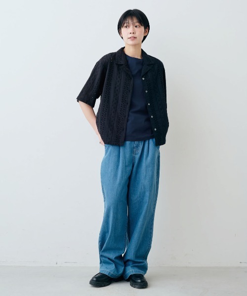 THREE FIFTY STANDARD（スリーフィフティースタンダード）の「ＴＨＲＥＥ　ＦＩＦＴＹ　ＳＴＡＮＤＡＲＤ　コットンレースの開衿シャツ〈ブラック〉（シャツ/ブラウス・レディース・ブラック・3L/LL/M/L）」の4枚目の写真
