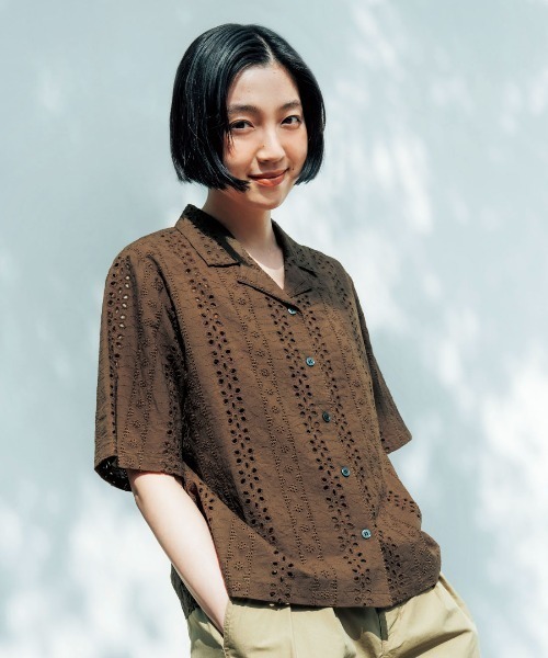 THREE FIFTY STANDARD(スリーフィフティースタンダード)の「THREE FIFTY STANDARD コットンレースの開衿シャツ(シャツ/ブラウス・レディース・ブラック/モカ・3L/LL/M/L)」の13枚目の写真