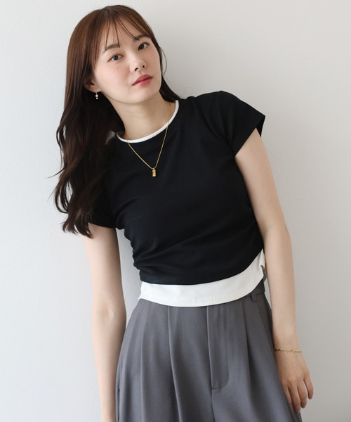 BLUEEAST(ブルーイースト)の「サイドシャーリングレイヤードTシャツ(Tシャツ/カットソー・レディース・グレー/ブラック・MEDIUM)」の2枚目の写真