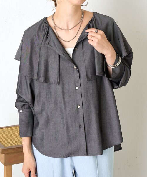 Jena espace merveilleux（ジェナ　エスパスメルヴェイユ）の「テンセルネックフリルシャツ（シャツ/ブラウス・レディース・ブラック/ネイビー・FREE）」の7枚目の写真