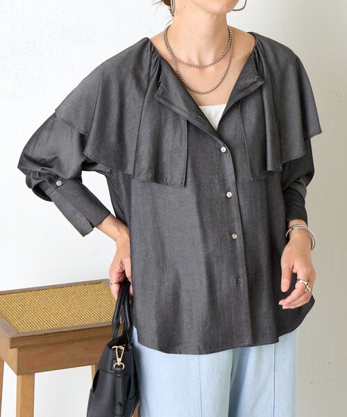 Jena espace merveilleux（ジェナ　エスパスメルヴェイユ）の「テンセルネックフリルシャツ（シャツ/ブラウス・レディース・ブラック/ネイビー・FREE）」の8枚目の写真