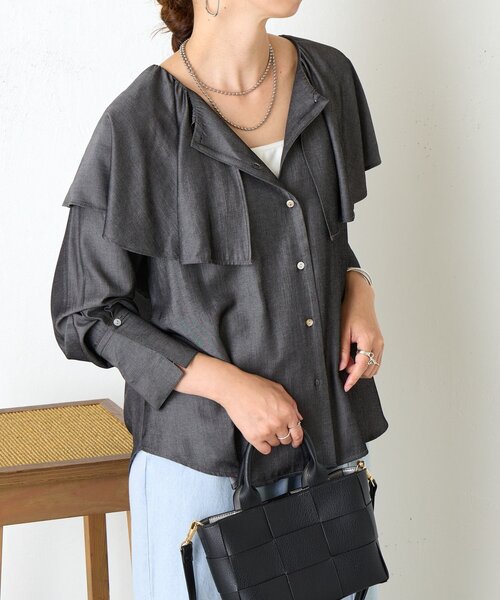 Jena espace merveilleux（ジェナ　エスパスメルヴェイユ）の「テンセルネックフリルシャツ（シャツ/ブラウス・レディース・ブラック/ネイビー・FREE）」の12枚目の写真