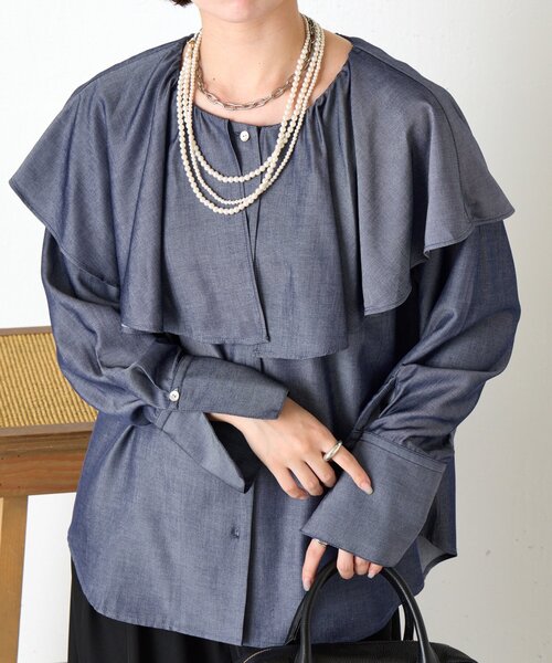 Jena espace merveilleux（ジェナ　エスパスメルヴェイユ）の「テンセルネックフリルシャツ（シャツ/ブラウス・レディース・ブラック/ネイビー・FREE）」の21枚目の写真