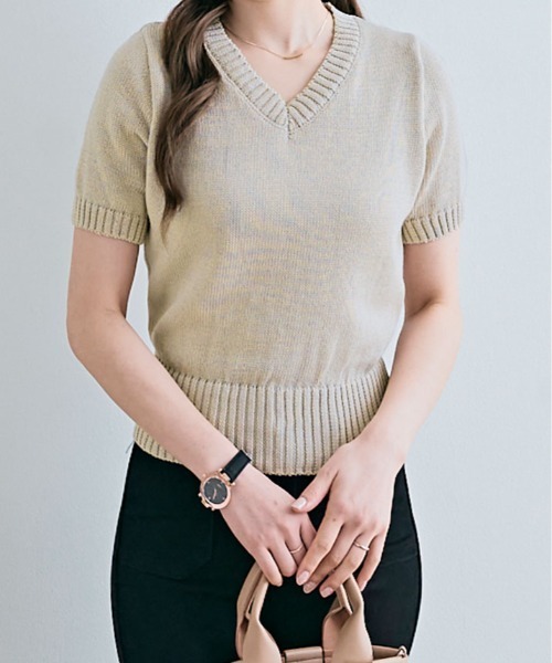 kirakiraShop（キラキラショップ）の「Vネック ラグラン 半袖 ニットソー（ニット/セーター・レディース・ベージュ/ネイビー/イエロー/パープル/ホワイト/ピンク/レッド/グリーン/ブラック/ブルー・FREE）」の3枚目の写真