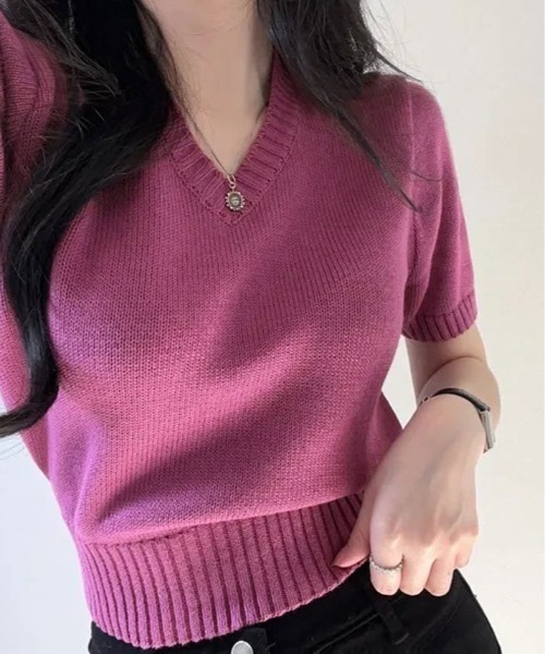 kirakiraShop（キラキラショップ）の「Vネック ラグラン 半袖 ニットソー（ニット/セーター・レディース・ベージュ/ネイビー/イエロー/パープル/ホワイト/ピンク/レッド/グリーン/ブラック/ブルー・FREE）」の7枚目の写真