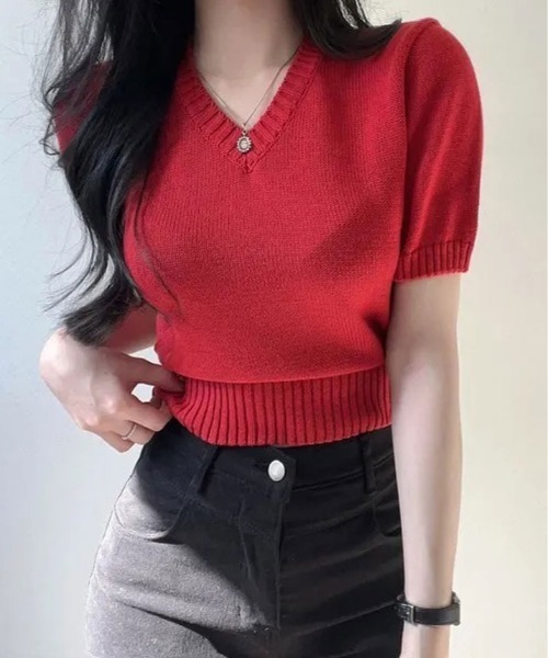 kirakiraShop（キラキラショップ）の「Vネック ラグラン 半袖 ニットソー（ニット/セーター・レディース・ベージュ/ネイビー/イエロー/パープル/ホワイト/ピンク/レッド/グリーン/ブラック/ブルー・FREE）」の10枚目の写真