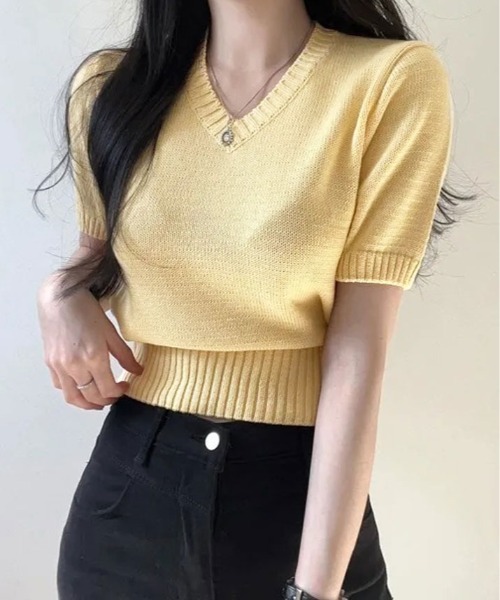 kirakiraShop（キラキラショップ）の「Vネック ラグラン 半袖 ニットソー（ニット/セーター・レディース・ベージュ/ネイビー/イエロー/パープル/ホワイト/ピンク/レッド/グリーン/ブラック/ブルー・FREE）」の8枚目の写真