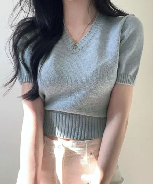 kirakiraShop（キラキラショップ）の「Vネック ラグラン 半袖 ニットソー（ニット/セーター・レディース・ベージュ/ネイビー/イエロー/パープル/ホワイト/ピンク/レッド/グリーン/ブラック/ブルー・FREE）」の6枚目の写真
