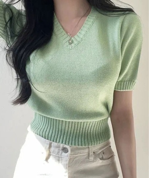 kirakiraShop（キラキラショップ）の「Vネック ラグラン 半袖 ニットソー（ニット/セーター・レディース・ベージュ/ネイビー/イエロー/パープル/ホワイト/ピンク/レッド/グリーン/ブラック/ブルー・FREE）」の12枚目の写真