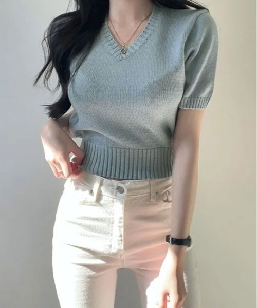 kirakiraShop（キラキラショップ）の「Vネック ラグラン 半袖 ニットソー（ニット/セーター・レディース・ベージュ/ネイビー/イエロー/パープル/ホワイト/ピンク/レッド/グリーン/ブラック/ブルー・FREE）」の16枚目の写真
