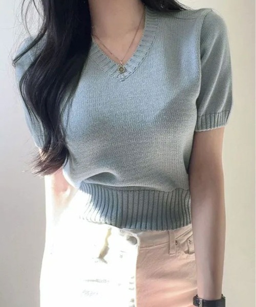 kirakiraShop（キラキラショップ）の「Vネック ラグラン 半袖 ニットソー（ニット/セーター・レディース・ベージュ/ネイビー/イエロー/パープル/ホワイト/ピンク/レッド/グリーン/ブラック/ブルー・FREE）」の17枚目の写真