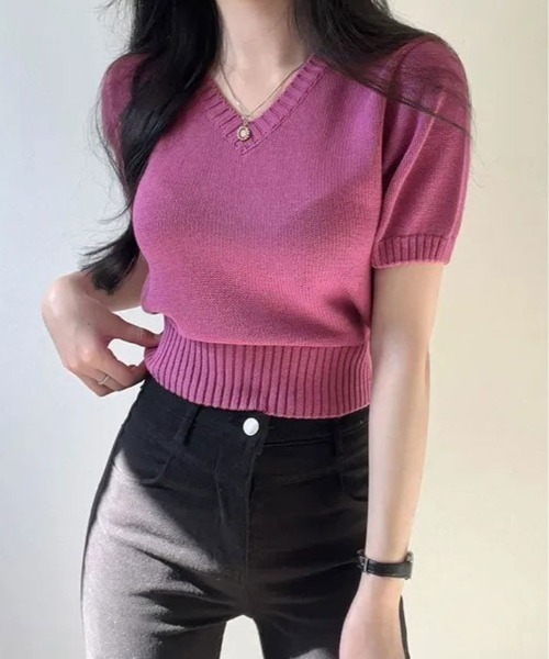 kirakiraShop（キラキラショップ）の「Vネック ラグラン 半袖 ニットソー（ニット/セーター・レディース・ベージュ/ネイビー/イエロー/パープル/ホワイト/ピンク/レッド/グリーン/ブラック/ブルー・FREE）」の18枚目の写真