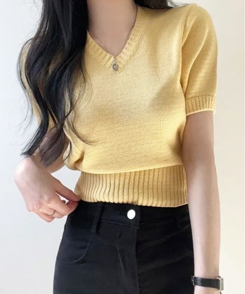 kirakiraShop（キラキラショップ）の「Vネック ラグラン 半袖 ニットソー（ニット/セーター・レディース・ベージュ/ネイビー/イエロー/パープル/ホワイト/ピンク/レッド/グリーン/ブラック/ブルー・FREE）」の20枚目の写真