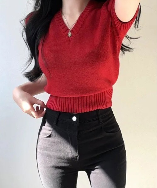 kirakiraShop（キラキラショップ）の「Vネック ラグラン 半袖 ニットソー（ニット/セーター・レディース・ベージュ/ネイビー/イエロー/パープル/ホワイト/ピンク/レッド/グリーン/ブラック/ブルー・FREE）」の21枚目の写真
