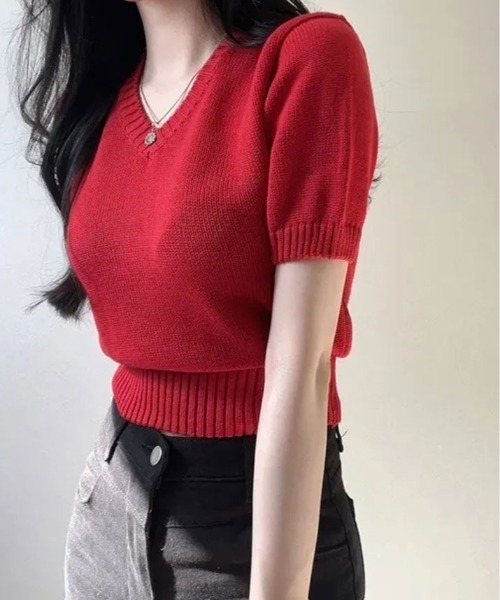 kirakiraShop（キラキラショップ）の「Vネック ラグラン 半袖 ニットソー（ニット/セーター・レディース・ベージュ/ネイビー/イエロー/パープル/ホワイト/ピンク/レッド/グリーン/ブラック/ブルー・FREE）」の22枚目の写真