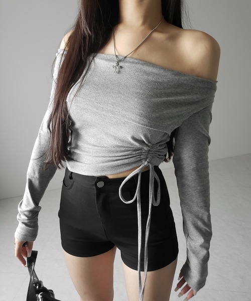 me+em select(ミームセレクト)の「※※シャーリングリボンショートオフショルカットソートップス / shirring ribbon short off shoulder cutsew tops(Tシャツ/カットソー・レディース・ブラック/グレー/ホワイト・FREE)」の12枚目の写真