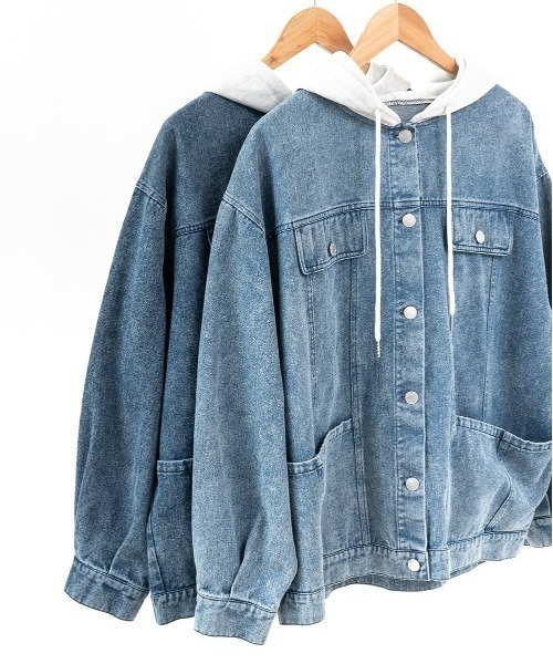 セール】スウェットフード異素材MIXスポーティビッグGジャン（デニム