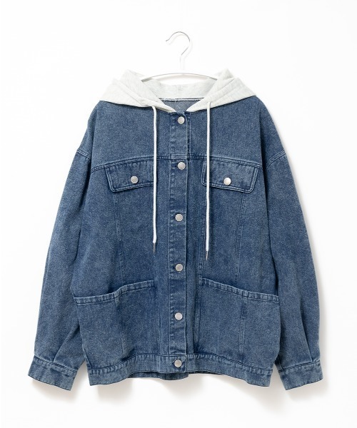 セール】スウェットフード異素材MIXスポーティビッグGジャン（デニム