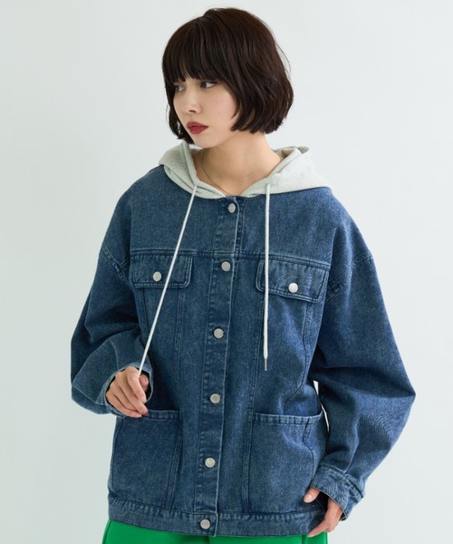 セール】スウェットフード異素材MIXスポーティビッグGジャン（デニム