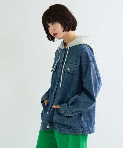 セール】スウェットフード異素材MIXスポーティビッグGジャン（デニム